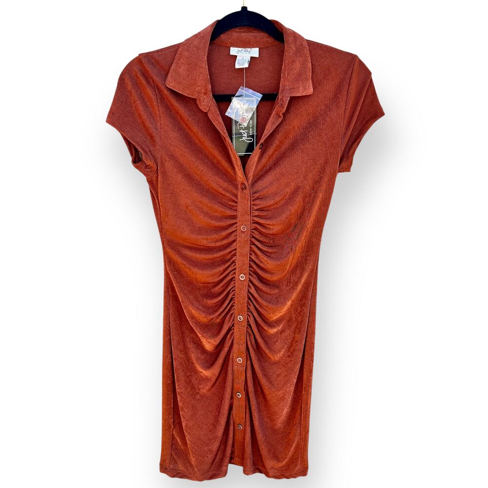 Just Polly Dress NWT Slinky Ruched Button Down Burnt Orange Brown Size Small - Picture 2 of 8